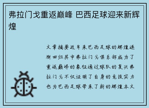 弗拉门戈重返巅峰 巴西足球迎来新辉煌